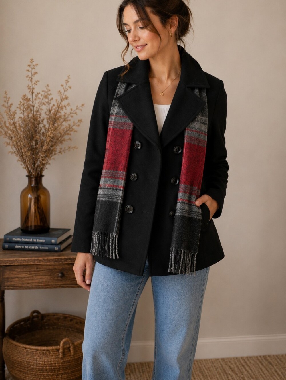 Black Double-Breasted Pea Coat with Red and Gray Scarf London Fog